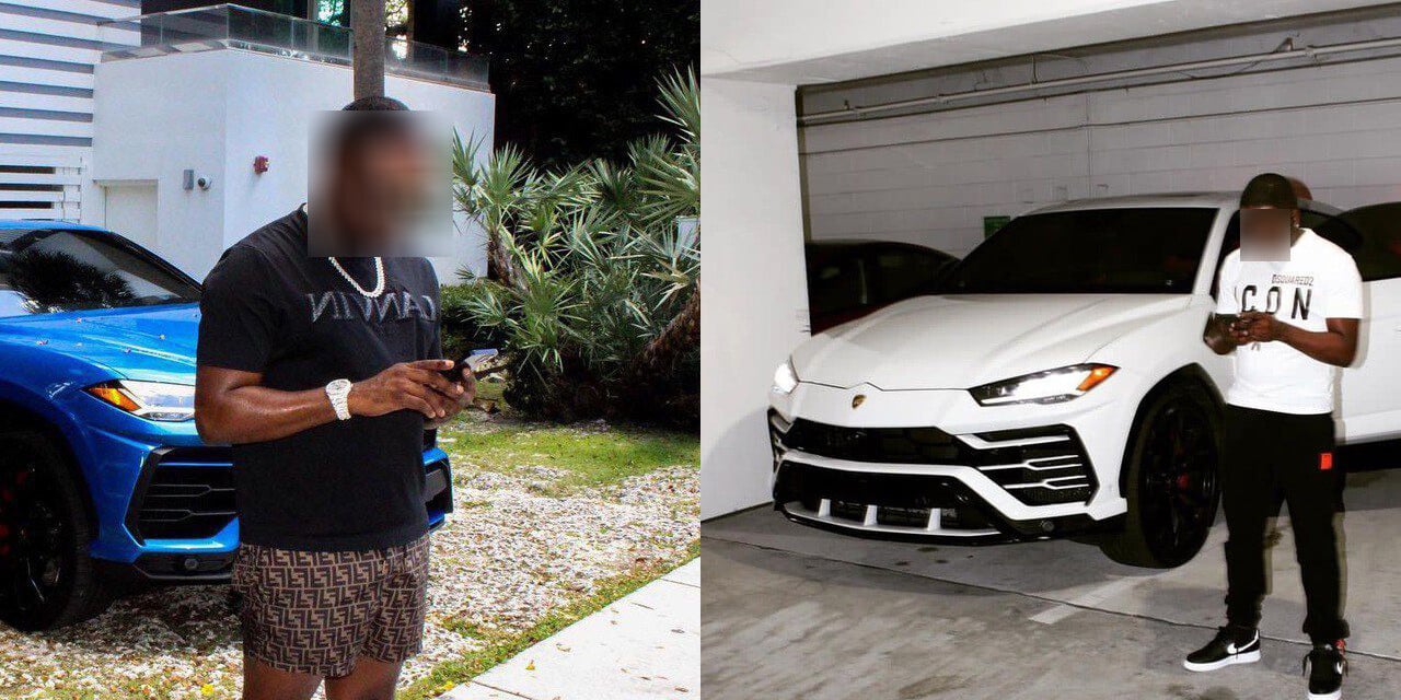 images of the CPN seller in expensive clothing in front of luxury sportscars. His face is blurred.