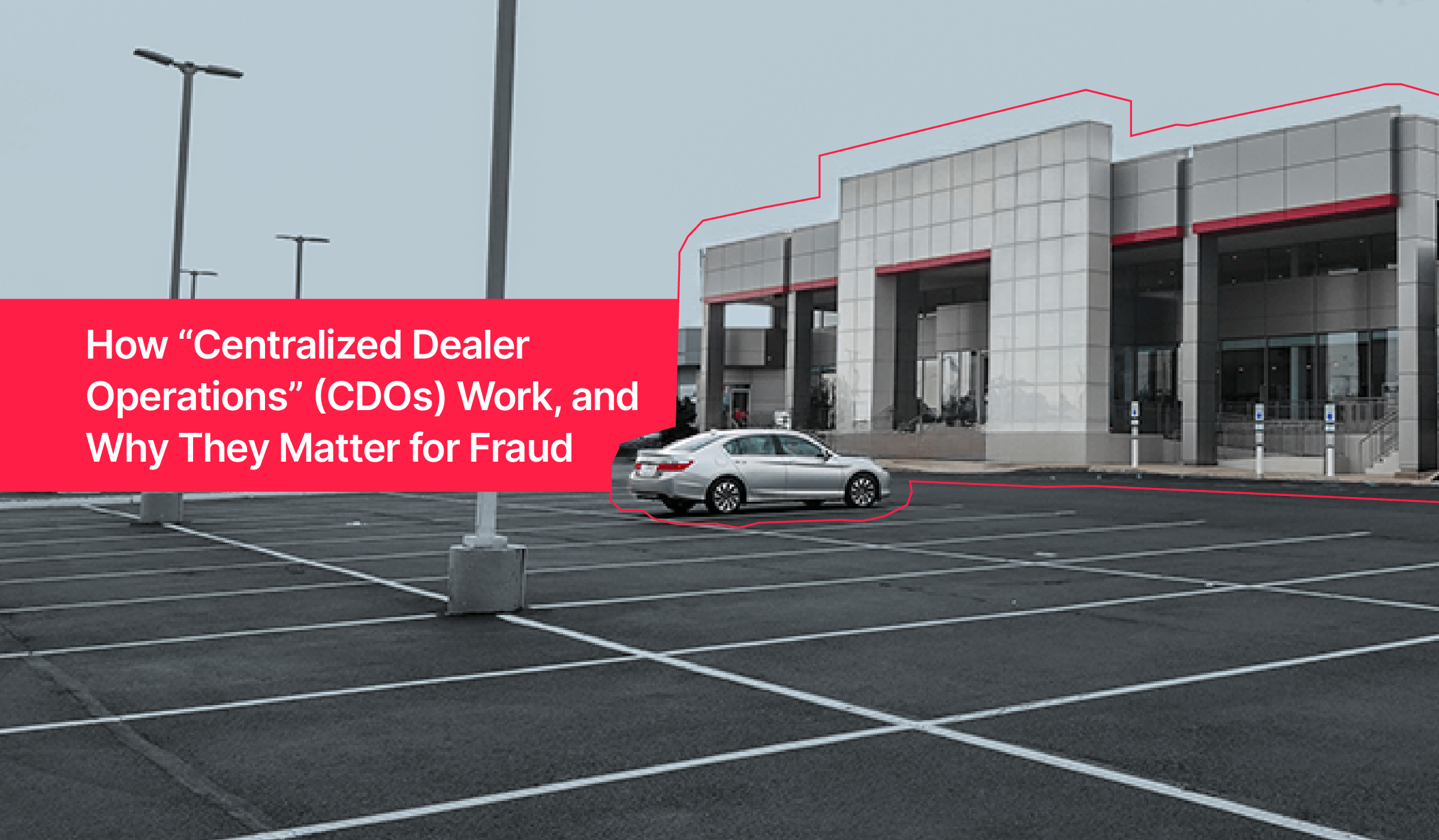 A mostly empty car dealership lot and large showroom building, with the article title overlaid in a bright red banner.