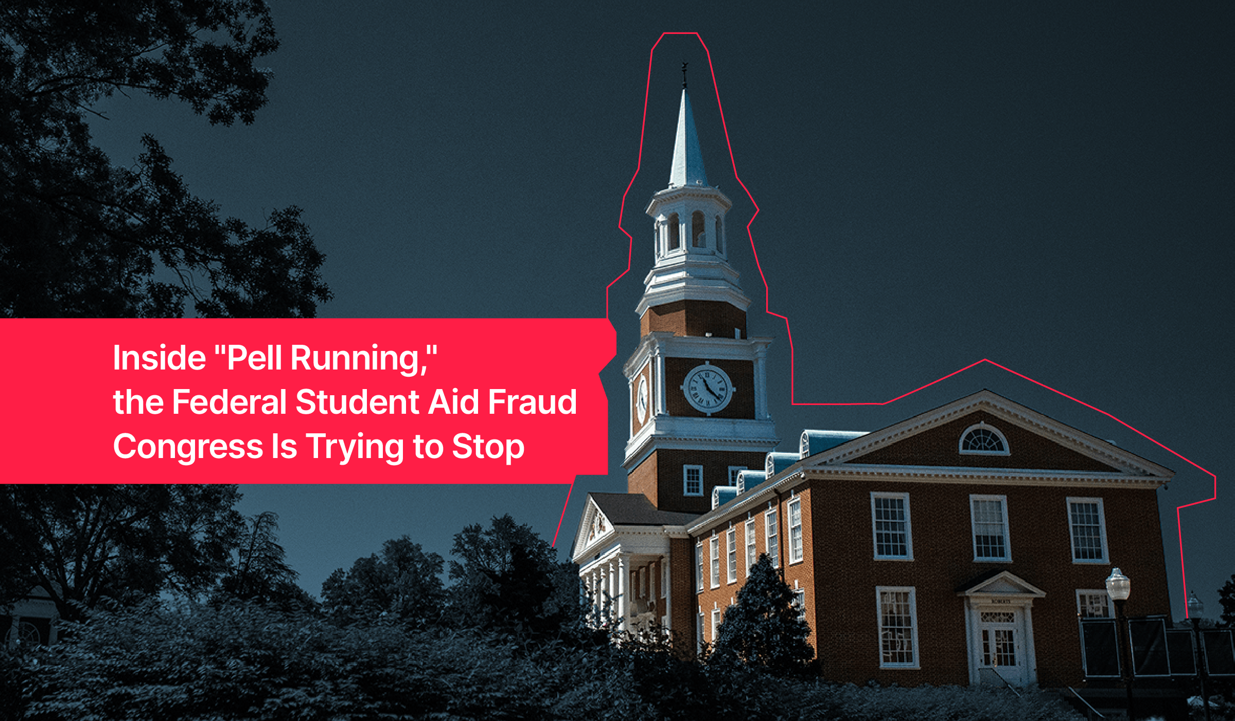 A lit-up college building with a tall clock tower at night, highlighted like a news graphic.