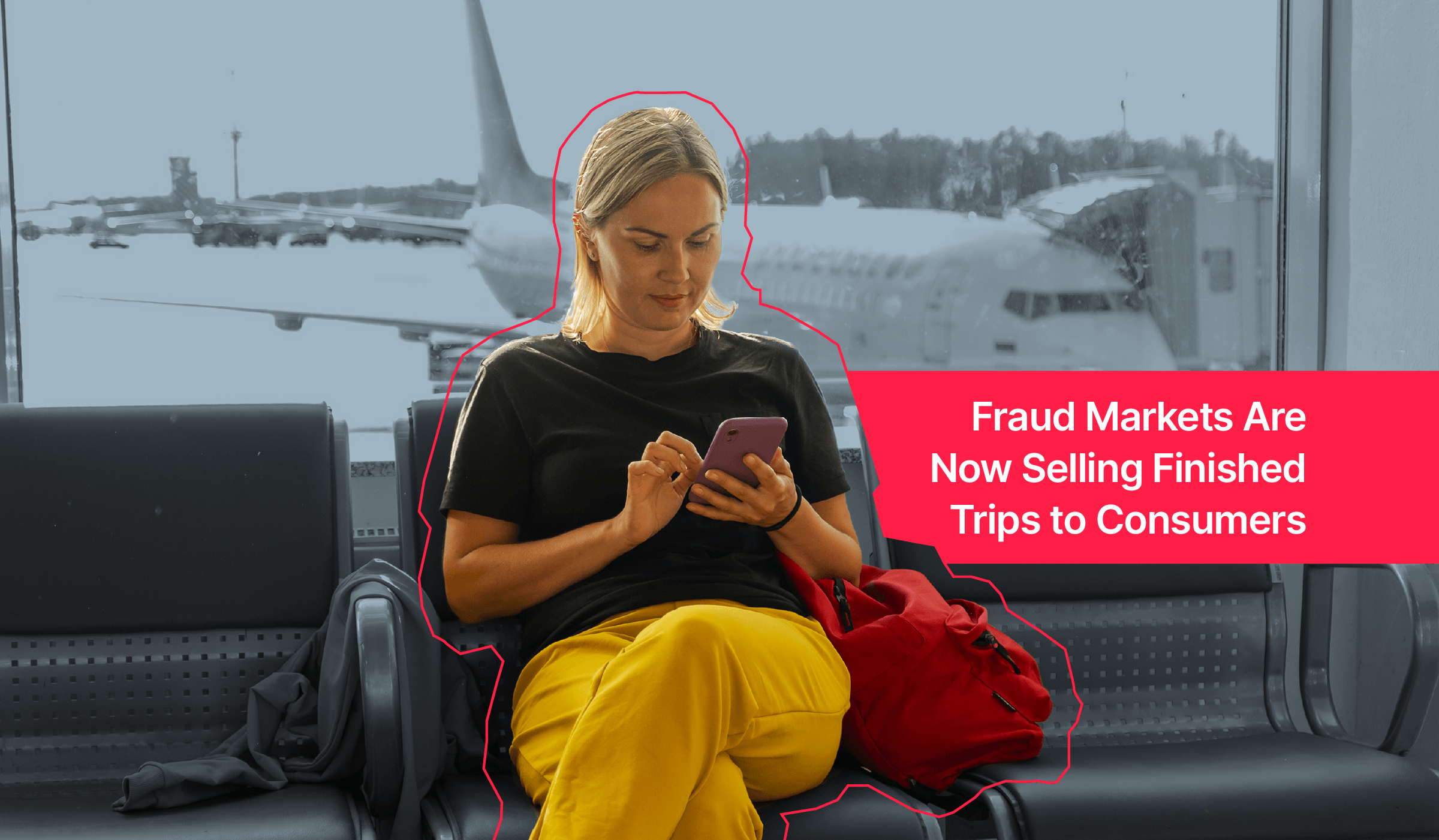 A traveler checks her phone at an airport, with planes visible behind her and the article headline beside her.